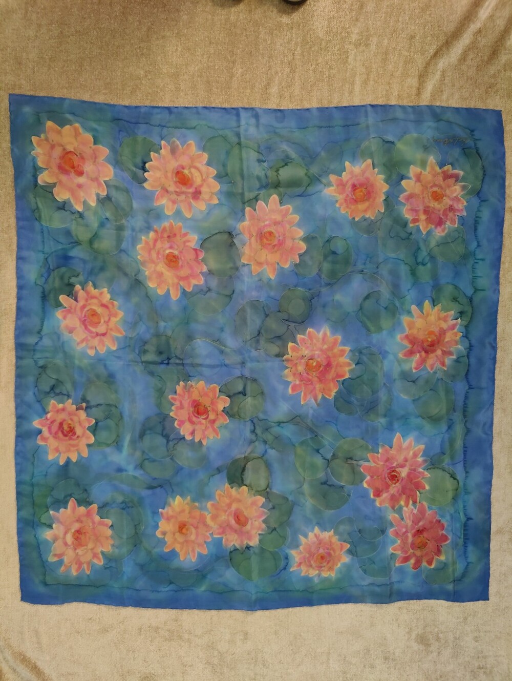 Rare Noel A. Bray Signed Silk Scarf. Hand-Painted Water Lily Art, 35" x 36"